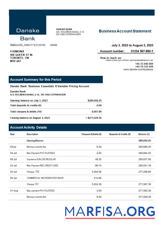 Downloadable Danske Bank enterprise statement Word and PDF template